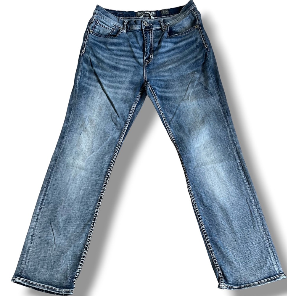 BKE Tyler Straight Leg Jeans Mens 34R Medium Wash Denim Contrast Stitch Blue